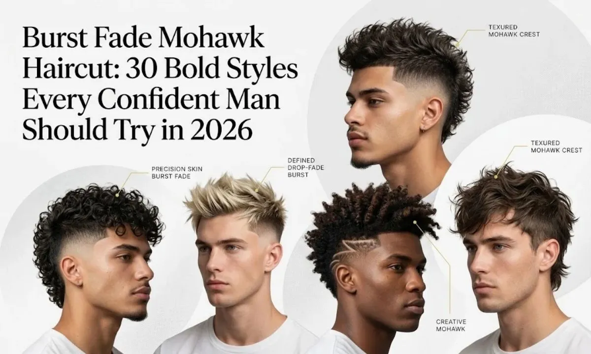 Infographic showcasing different types of burst fade mohawk haircuts on men.