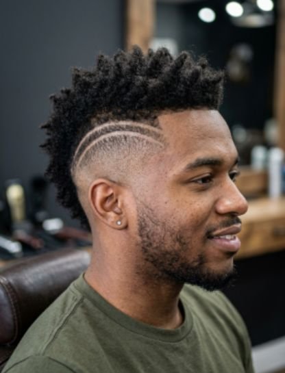 Burst Fade Mohawk with Curved Design Lines