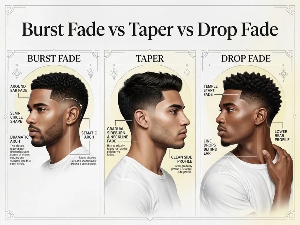 Comparison graphic comparing Burst Fade vs Taper vs Drop Fade haircut styles.