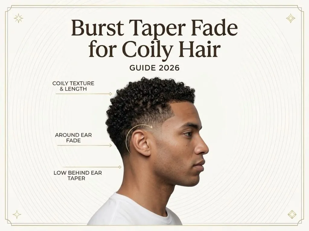 Guide graphic for a Burst Taper Fade for Coily Hair showing haircut details and profile view.