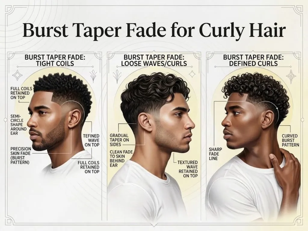 Diagram showing options for a Burst Taper Fade for Curly Hair, including tight coils, loose waves, and defined curls.