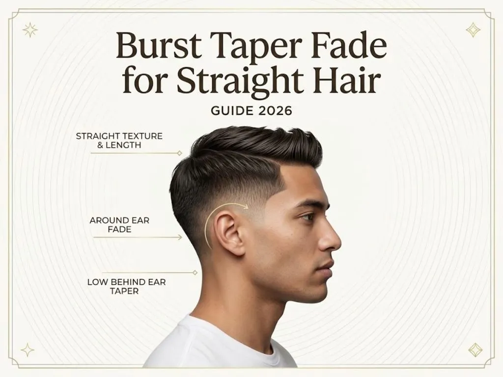 Guide graphic for a Burst Taper Fade for Straight Hair showing haircut details and profile angle.
