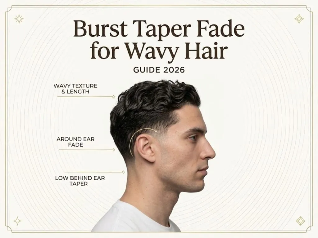 Guide graphic for a Burst Taper Fade for Wavy Hair showing haircut details and profile view.