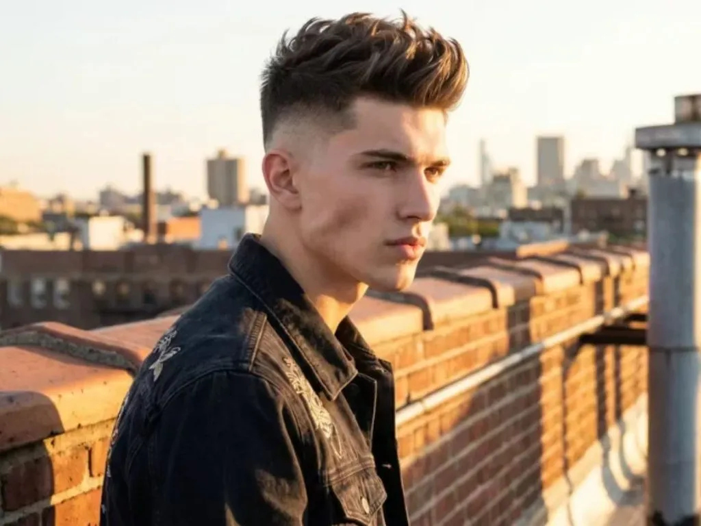 Man with a styled High Burst Taper Fade haircut outdoors on a rooftop.