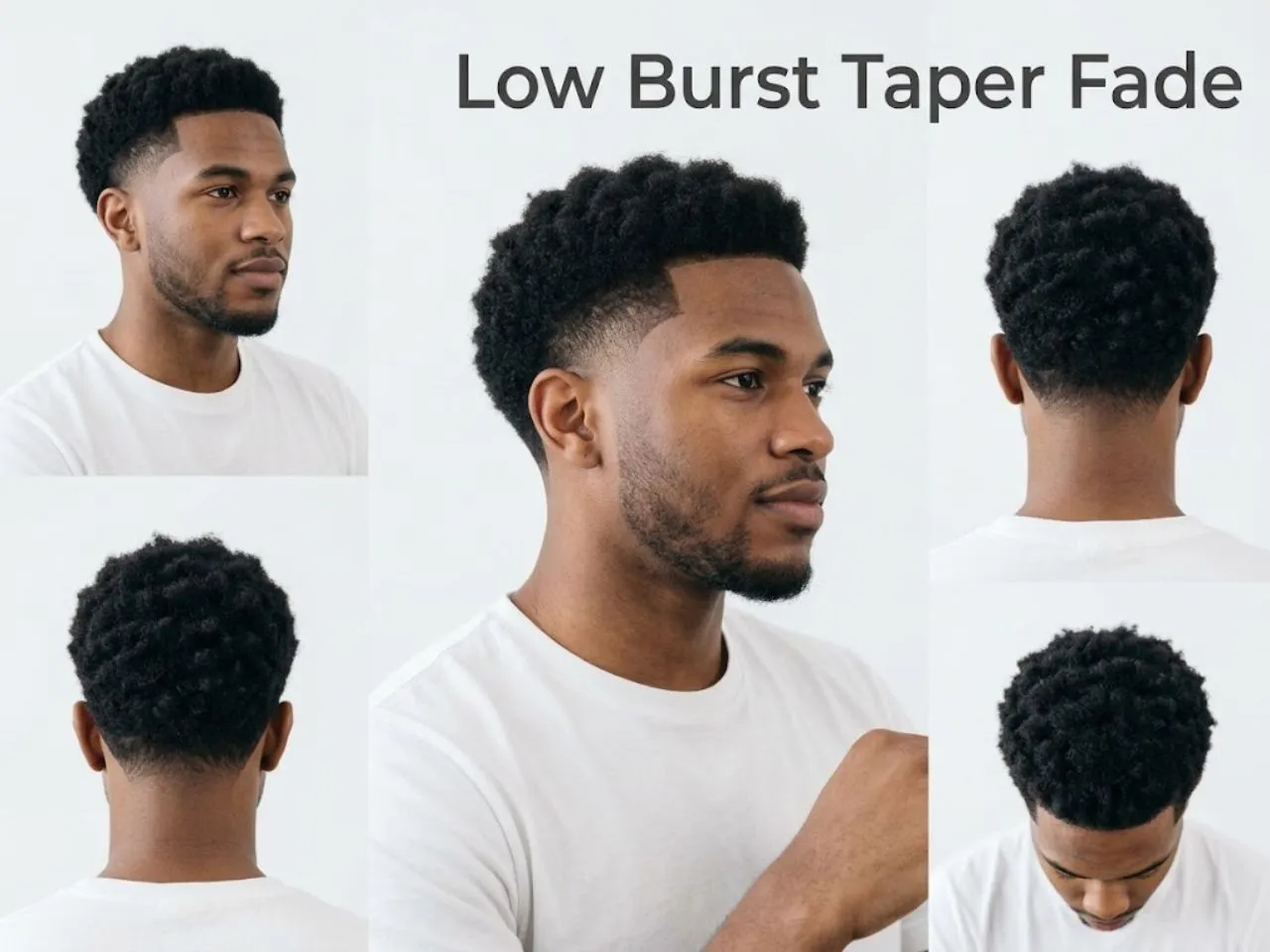Visual guide showing multiple angles of a Low Burst Taper Fade haircut style.