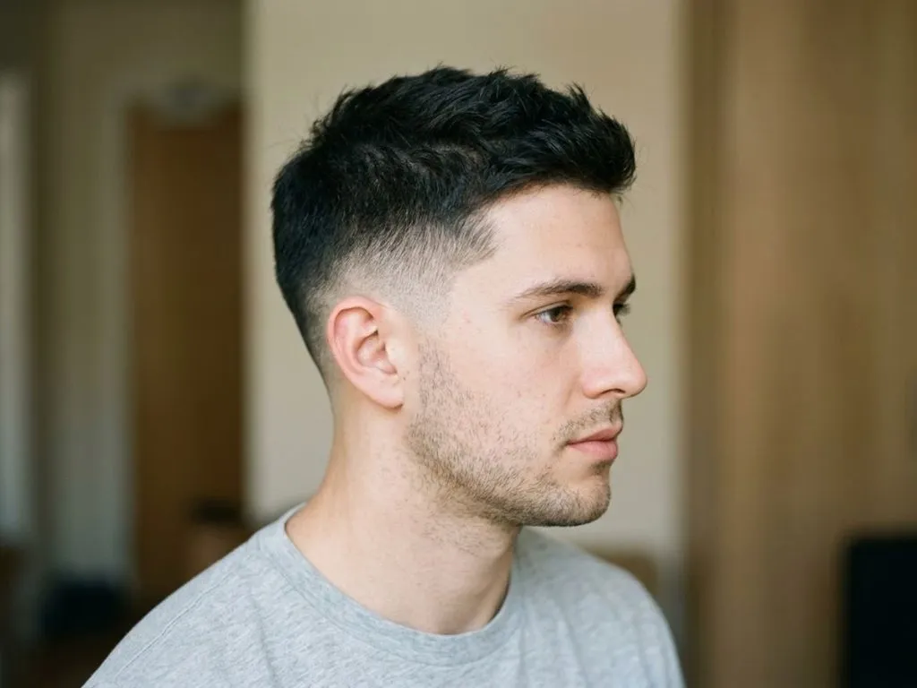 Man in profile showing a clean Mid Burst Taper Fade haircut with textured short top.
