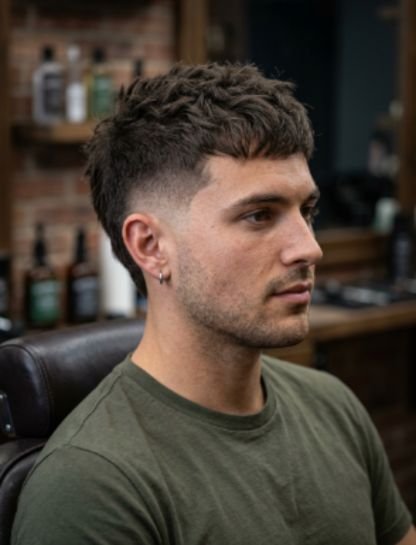A choppy, textured fringe replaces a tall strip, giving a softer, more casual silhouette with gentler contrast.

Best For: Mohawk-inspired texture without a dramatic height statement.

Tell Your Barber: "Burst fade with a choppy, textured crop instead of a tall strip."

Maintenance: Every three weeks.