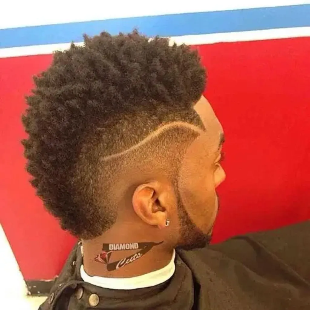 Textured Afro Frohawk with Surgical Line and Temple Fade